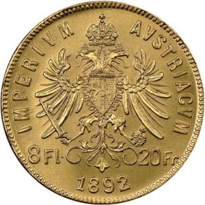 1892 20 Francs / 8 Florin Austrian Gold Coin (Avg. Circulated)